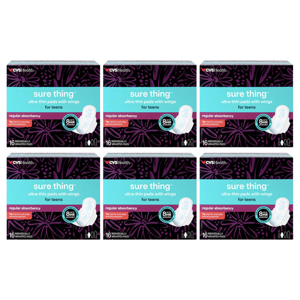 Six 16-count packs of CVS Health Sure Thing Ultra-thin Pads for Teens with wings, regular absorbency, are arranged in two rows of three. Brand: CVS.
